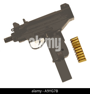 an illustration of an uzi 9mm machinepistol and bullets ammunition Stock Photo