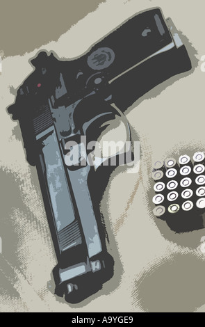 illustration of a beretta gun pistol with bullets ammunition Stock Photo