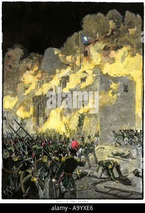 Fall of the Alamo to Santa Anna Mexican forces in San Antonio Texas 1836. Hand-colored woodcut