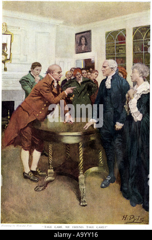 Samuel Adams warning British Royal Governor Thomas Hutchinson after the Boston Massacre 1770. Color halftone of a Howard Pyle illustration Stock Photo