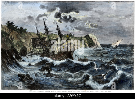 Wreck of Columbus flagship Santa Maria on the coast of Hispaniola 1492. Hand-colored woodcut Stock Photo