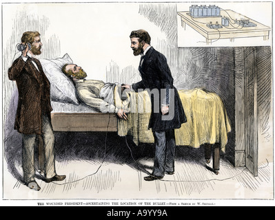 Alexander Graham Bell and Simon Newcomb using induction to locate bullet in the wounded President James Garfield 1881. Hand-colored woodcut Stock Photo