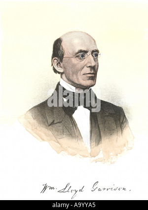 William Lloyd Garrison portrait with autograph. Hand-colored steel engraving Stock Photo