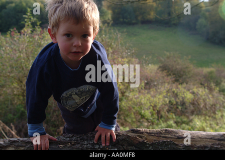 Little boy climbing on a fallen tree trunk Stock Photo