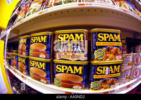 Cans of Spam by Hormel are seen on a supermarket shelf  Stock Photo