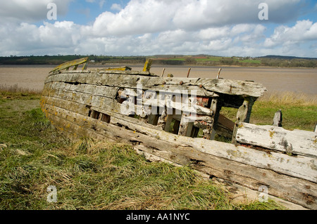 Remains of the Severn Collier Barge Beached in mud on the banks of the River Severn Stock Photo