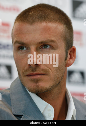 England's David Beckham attends a news conference at Real Madrid training base in Valdebedas near Madrid Stock Photo