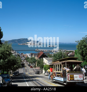 San Francisco Cable Car and Alcatraz from Hyde Street, San Francisco, California, USA Stock Photo