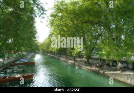 Soft focus shot of boats on the Canal du Vasse, Annecy, French Alps, France Stock Photo