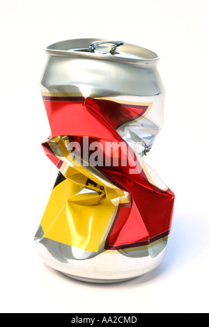 A portrait abstract image of a crushed tennents beer can against a white background Stock Photo