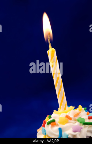 A birthday candle on a cupcake with colored sprinkles. Stock Photo
