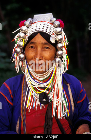 1, one, Akha woman, old woman, mature woman, ethnic minority, hillt ribe, front view, eye contact, headshot, Chiang Mai Province, Thailand, Asia Stock Photo