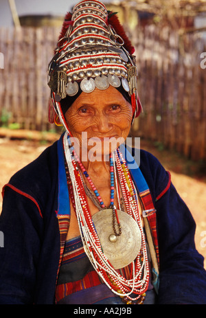 1, one, Akha woman, Akha, woman, old woman, mature woman, ethnic minority, hill tribe, Chiang Mai Province, Thailand, Southest Asia, Asia Stock Photo