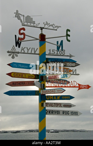 Akademi Vernadsky Scientific Research Base, signpost with directions, Antarctica. Stock Photo