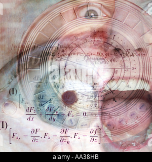 Screaming face with science and technology symbols dials and mathematical codes Stock Photo