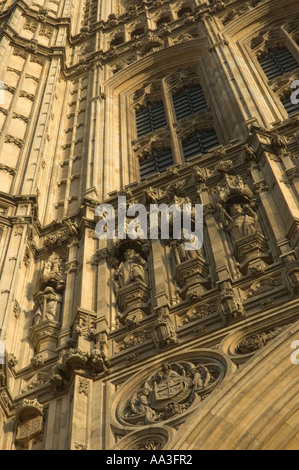 Close up of architectural detail on exterior of Houses of Parliament, Victoria Tower, Westminster, London, England, UK. Stock Photo