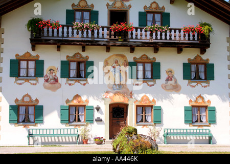 Traditional Bavarian farm house with painted facade Bavaria Germany Europe Stock Photo
