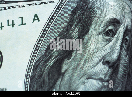 $100 dollar bill banknote.  Cash money United States currency. Benjamin Franklin portrait. One hundred dollars. Stock Photo