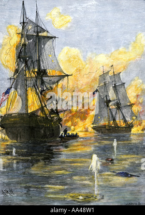 US fleet of Oliver H Perry during his naval victory over the British on Lake Erie in 1813 during the War of 1812. Hand-colored woodcut Stock Photo