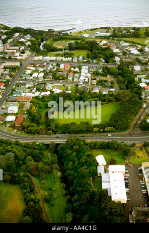 A greenbelt surrounds a river running through the suburbs of New Plymouth in Taranaki New Zealand Stock Photo