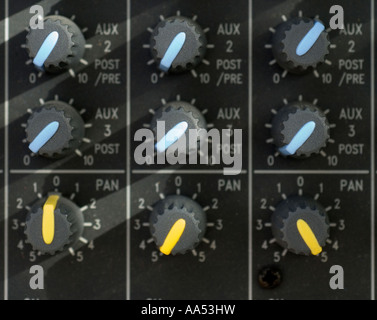 A close-up section of a sound mixing desk in a music studio. Picture by Jim Holden. Stock Photo