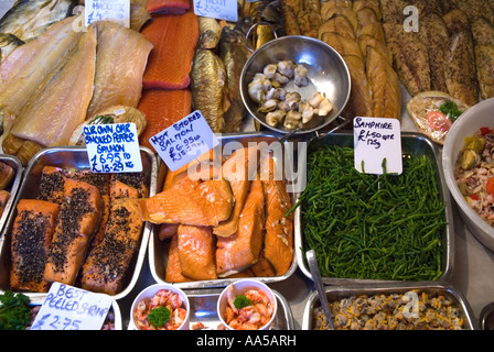 Hot smoked salmon smoked mackerel and other smoked fish Rock a Nore Fisheries Hastings Old Town East Sussex Stock Photo