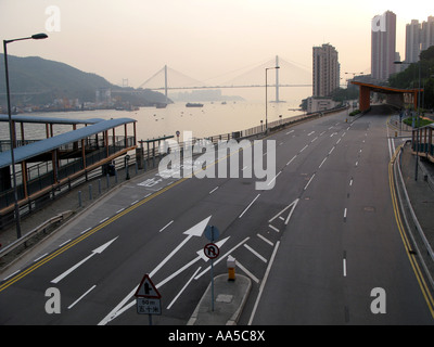 Evening View of The Tsing Ma Suspension Bridge, Hong Kong Stock Photo