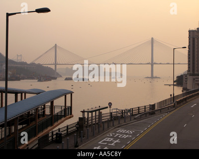 Evening View of The Tsing Ma Suspension Bridge, Hong Kong Stock Photo