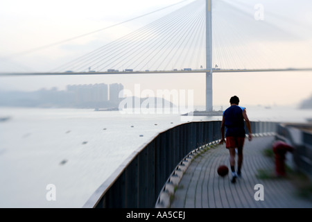 Evening Walk near The Tsing Ma Suspension Bridge, Hong Kong Stock Photo