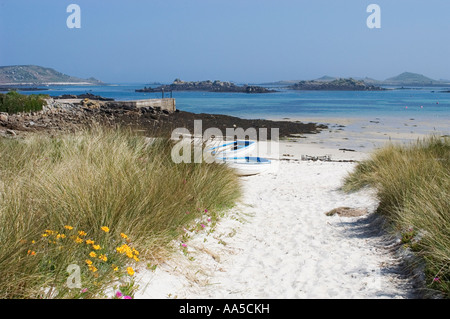 Sandy path with flowers and dinghies on beach, islands in distance, at Green Porth, Old Grimsby, Tresco, Isles of Scilly Stock Photo