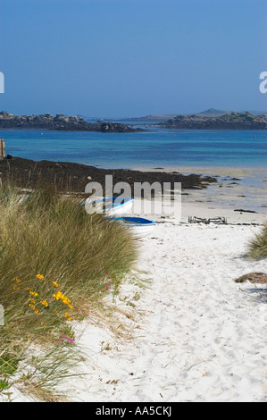 Sandy path with flowers and dinghy on beach at Green Porth, Old Grimsby, Tresco, Isles of Scilly Stock Photo