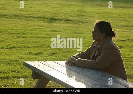 Indian lady sitting on wooden bench Sweden   Model Release number 468 Stock Photo