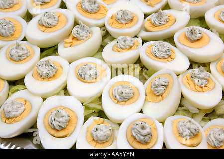 Boiled eggs with mayonnaise and parsley, half cut boiled eggs in steel plate Stock Photo