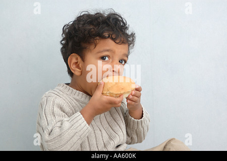 ANG104033 Small Indian boy of two and half years eating cheese sandwich Model Release 468 Stock Photo