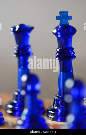 Chess pieces in blue color plastic Stock Photo