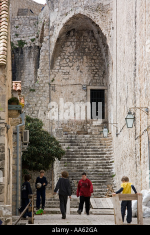 Kids Playing Football in Narrow Dubrovnik Street Croatia Stock Photo