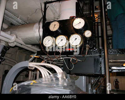 Pressure Guages in the engine room of the Mersey pilot cutter Edmund Gardner at the Liverpool Maritime Museum Stock Photo