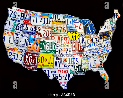 USA Map of America collage Car Reg Licence Plates United States of America made from geographically placed metal vehicle registration number plates
