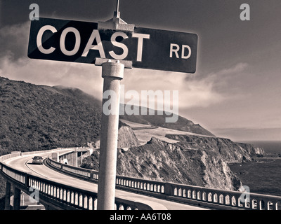 HIGHWAY ONE Coast Road sign at Bixby Bridge Big Sur coastline Monterey California USA with retro B&W treatment Stock Photo