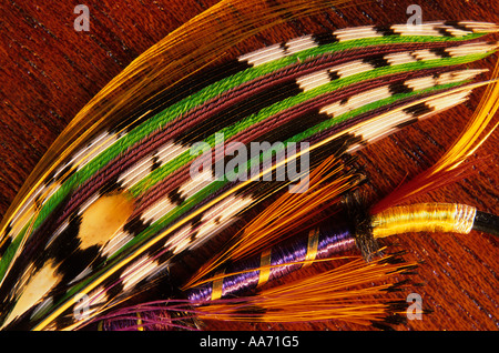 Flyfishing still life with atlantic salmon fly wing detail Stock Photo
