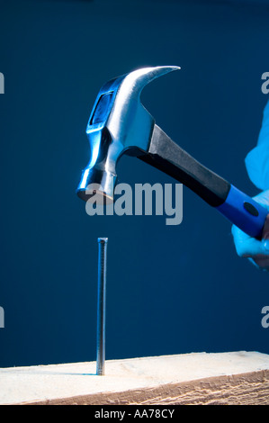 Hitting the nail on the head. Striking a nail with a hammer Stock Photo