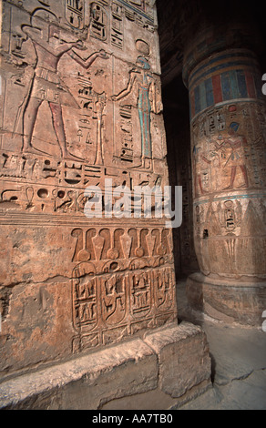 Thebes The site of Medinet Habu Egypt Columns and reliefs in the second courtyard Stock Photo