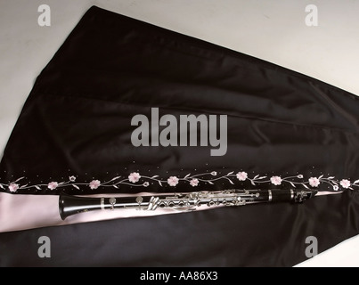 Clarinet on black and white satin Stock Photo