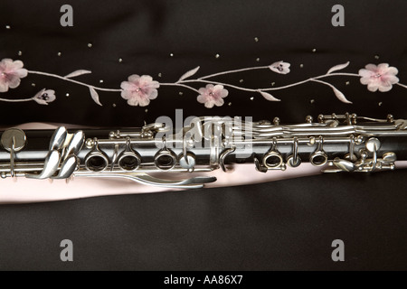 Clarinet on black and white satin Stock Photo