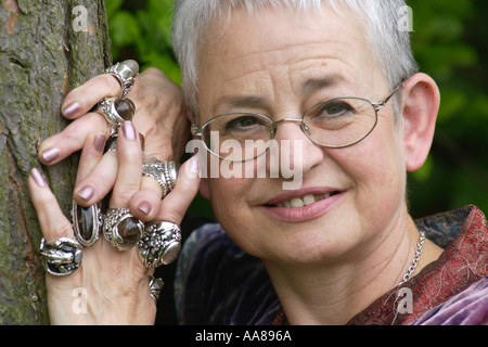 Jacqueline Wilson Children's author famous for her rings pictured at Hay Festival 2003 Hay on Wye Powys Wales UK Stock Photo