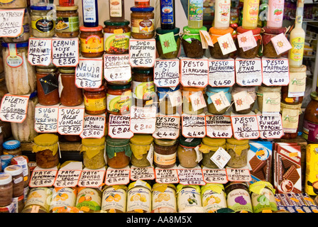 Stall in Ballarò Street Market selling typical food and sauces of the region, Palermo Sicily Italy Stock Photo