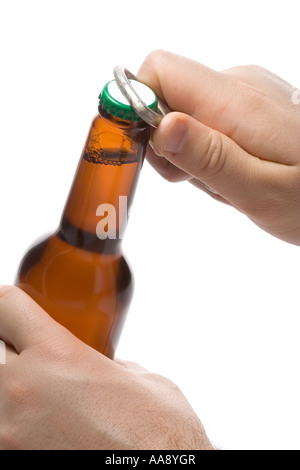 Person opening a bottle of beer Stock Photo