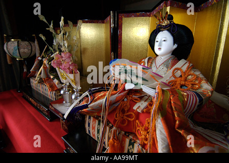 Ornate dolls set up in Japanese homes to mark Girls Day on March 3rd Hina doll display Japan Stock Photo