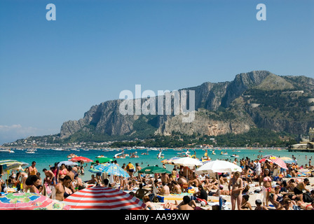 Crowded beach resort of Mondello Palermo Sicily Italy Stock Photo