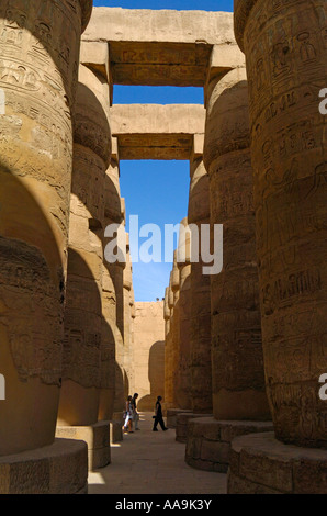 Columns showing hieroglyphs in the Great Hypostyle Hall at the Temple of Karnak Thebes Egypt located on the  banks of the River Stock Photo
